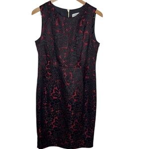 Calvin Klein Red Black Floral Brocade Sleeveless Shift Women Size 10